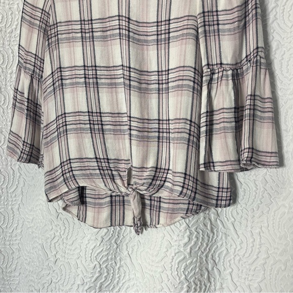 MOON & STARS Plaid Front Tie Cross Back Bell Sleeve Top - Picture 2 of 7